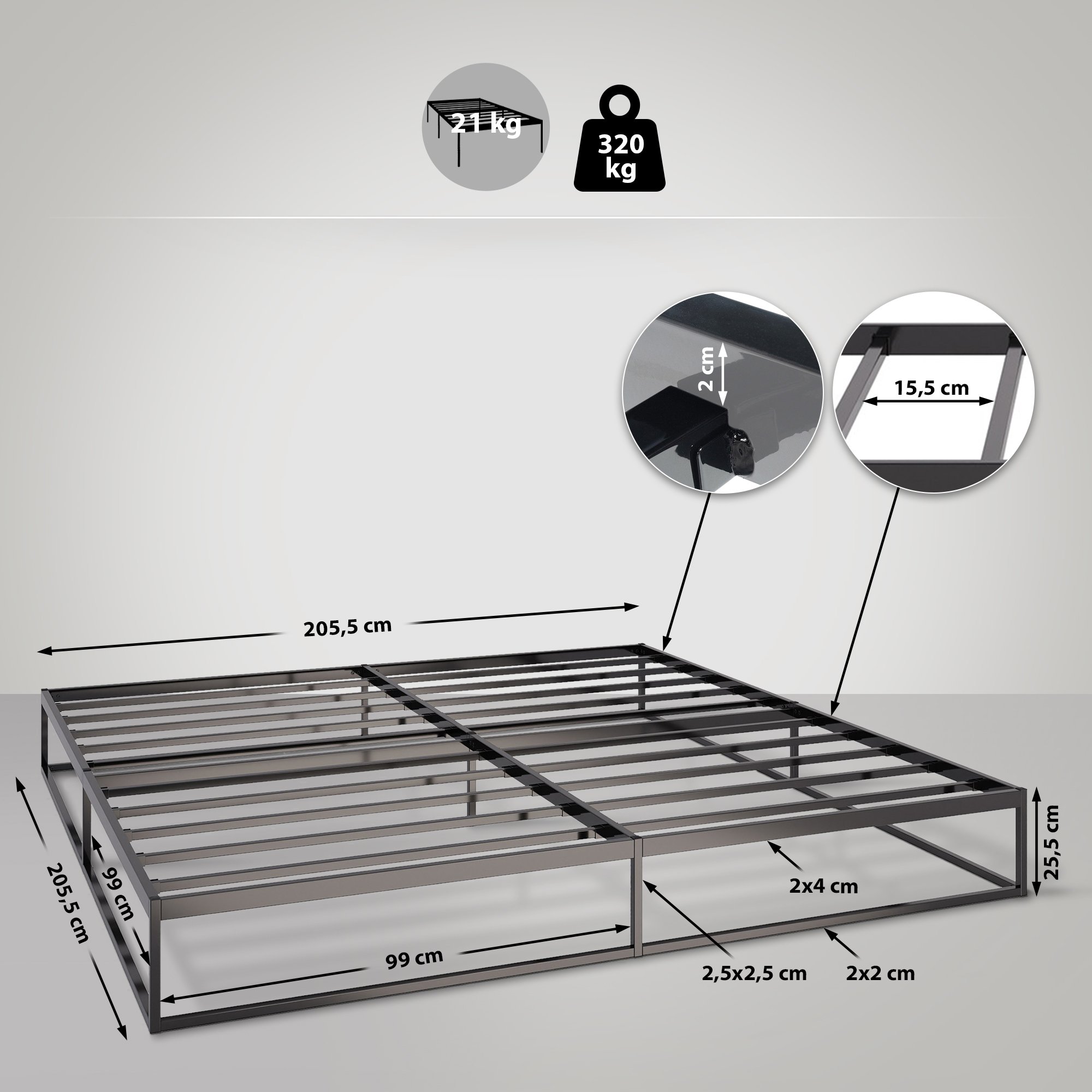 Metallbett Scala schwarz 200x200x25 cm