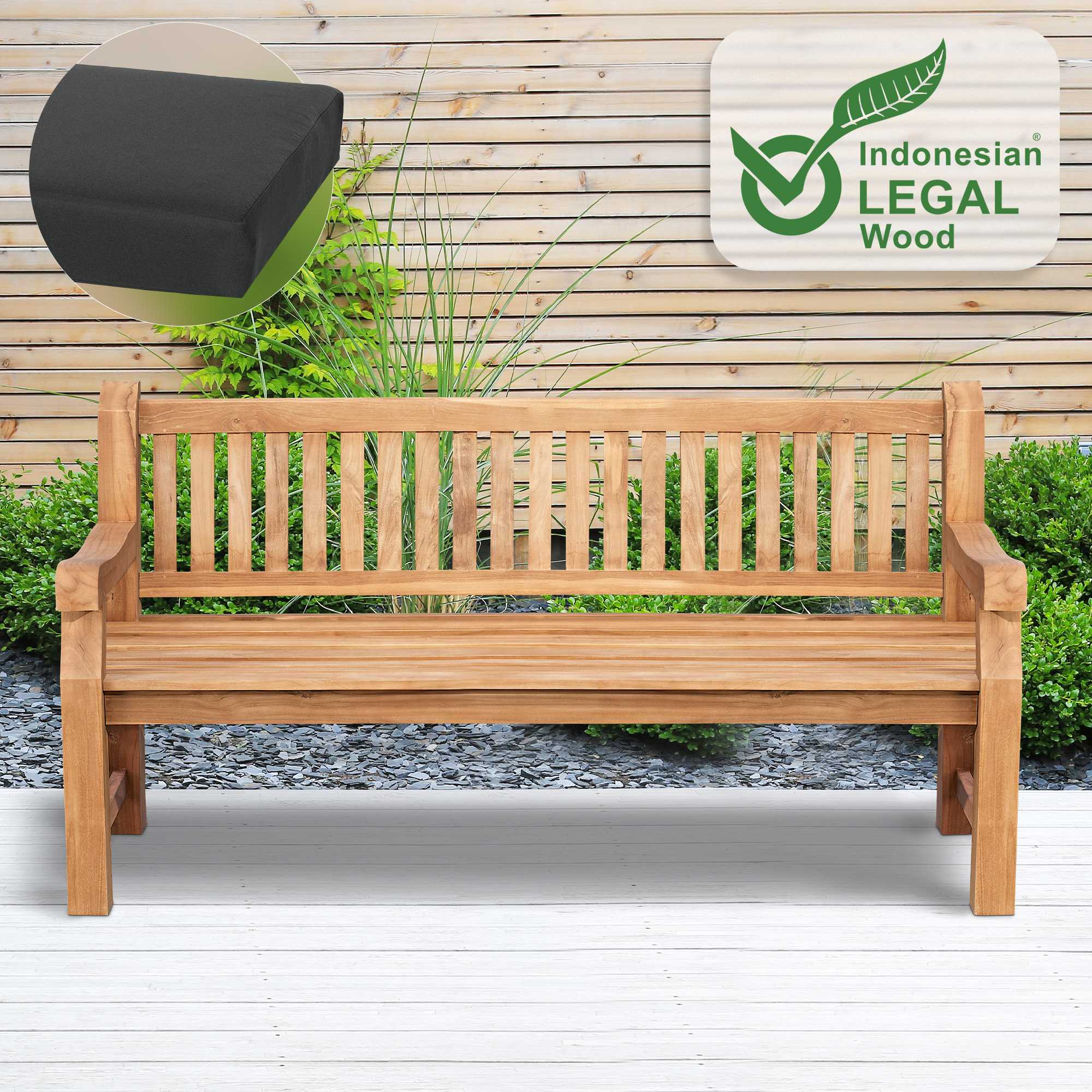 Gartenbank Teakholz Daxon mit Sitzkissen dunkelgrau 180 cm