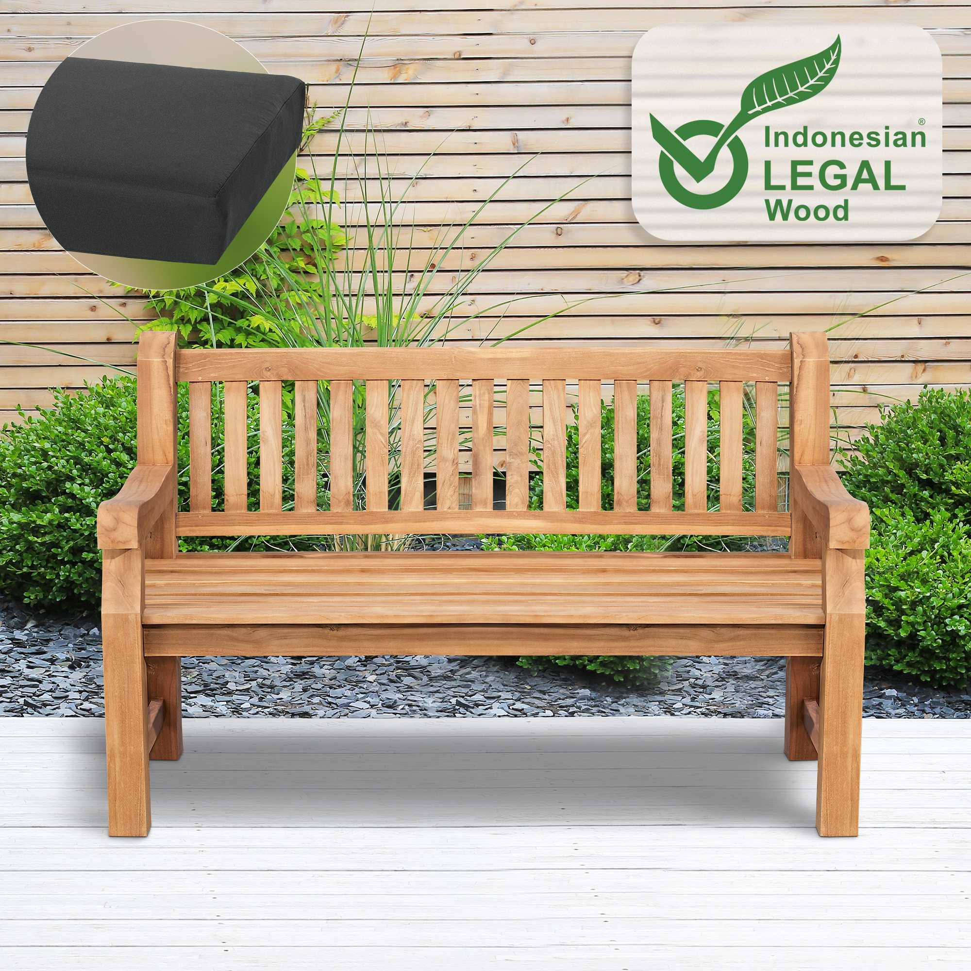 Gartenbank Teakholz Daxon mit Sitzkissen dunkelgrau 150 cm