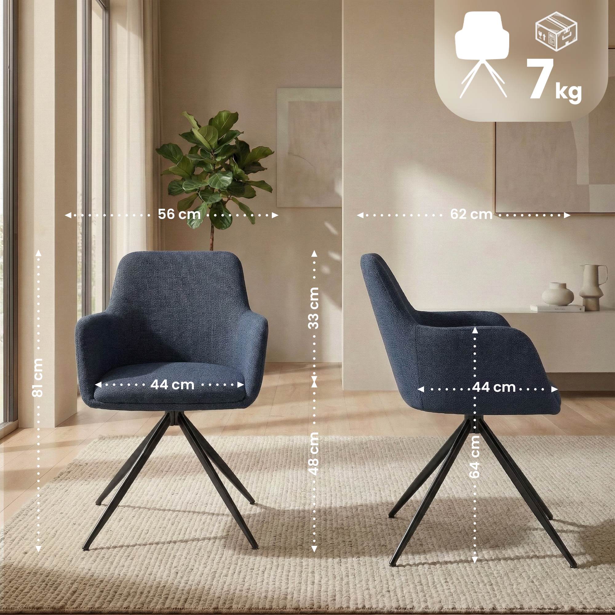 2er Set Esszimmerstuhl Olema Stoff blau