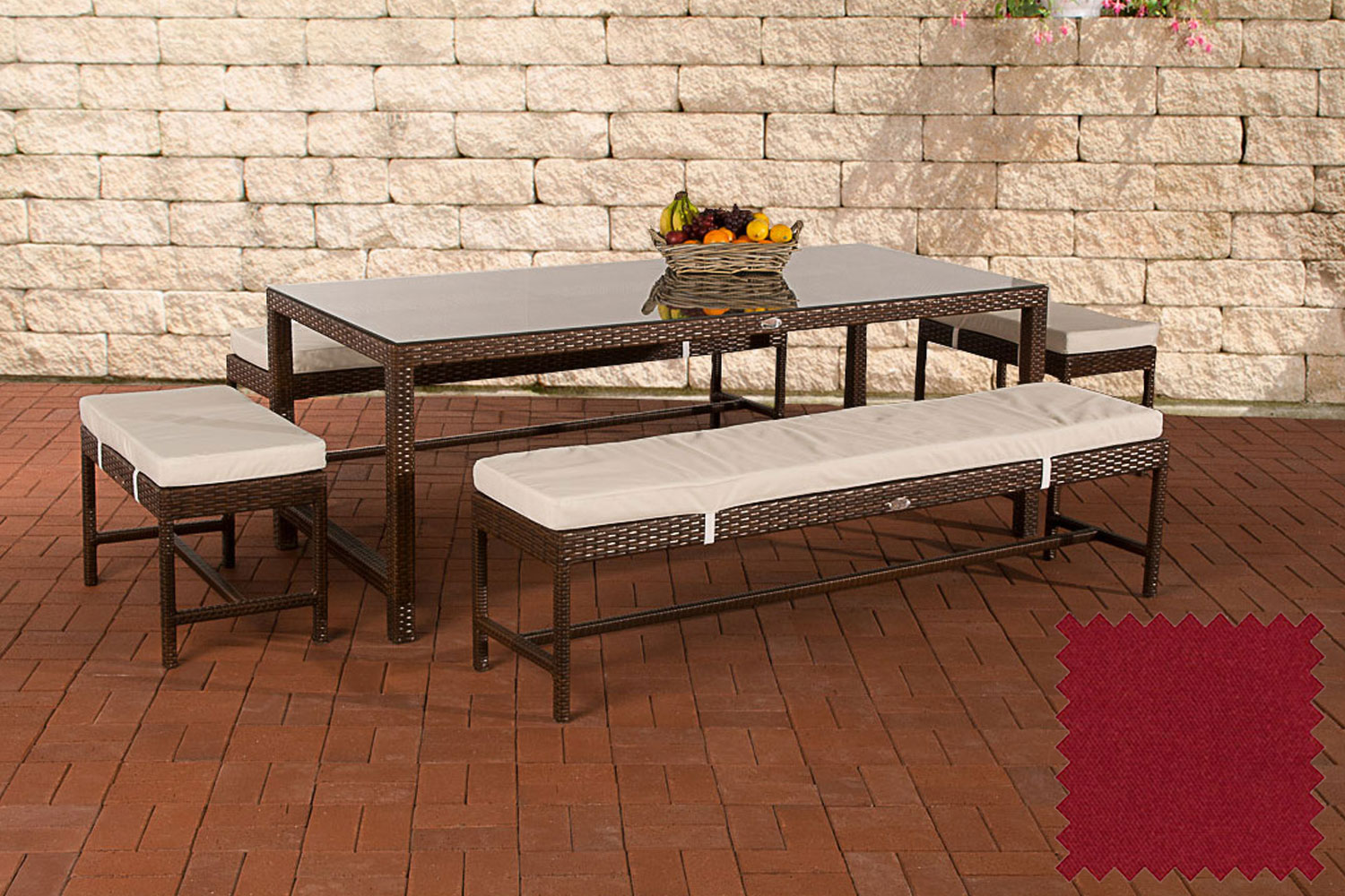 Polyrattan Esstischgruppe Hawaii braun-meliert rubinrot