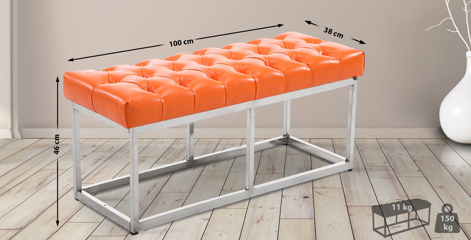 Sitzbank Amun Kunstleder Edelstahl orange 100 cm