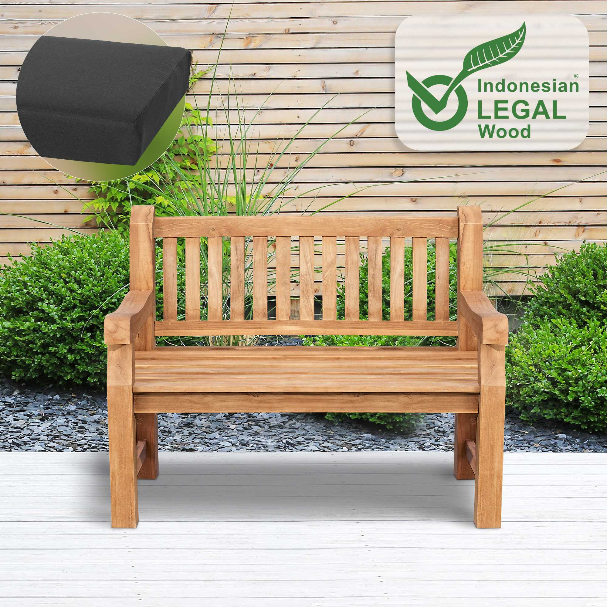 Gartenbank Teakholz Daxon mit Sitzkissen dunkelgrau 120 cm