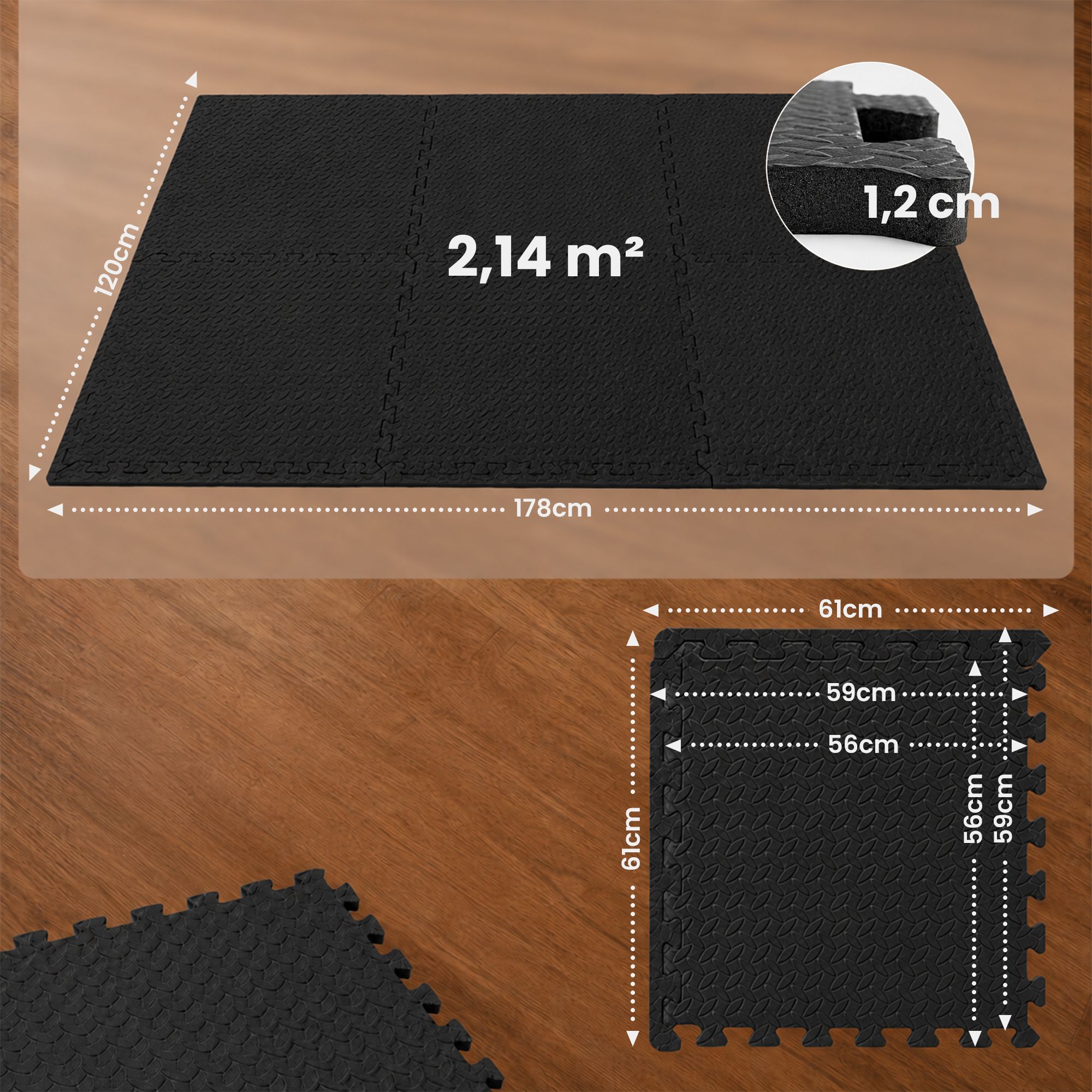 Bodenschutzmatte 61x61 cm 6er-Set schwarz