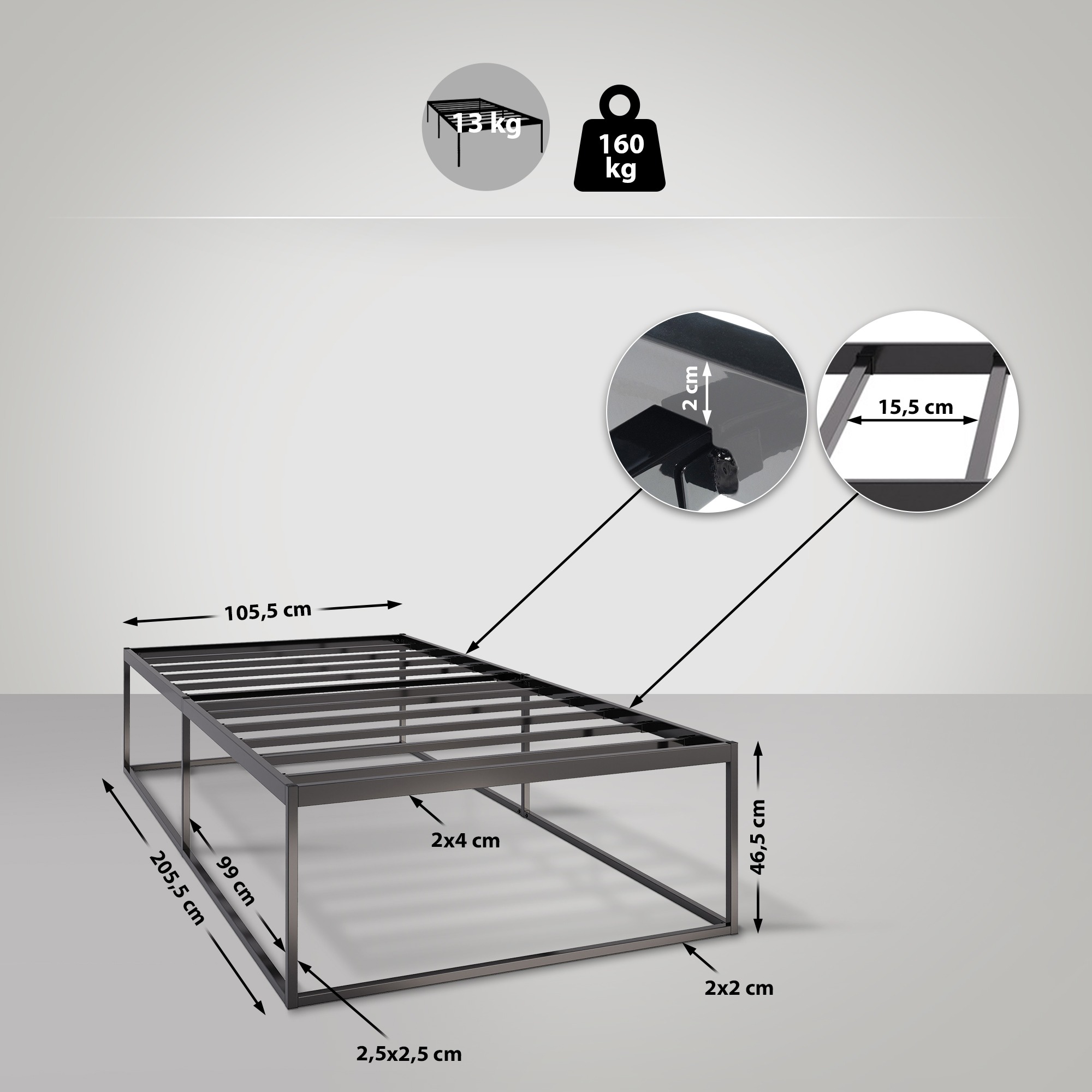 Metallbett Scala schwarz 200x100x46 cm