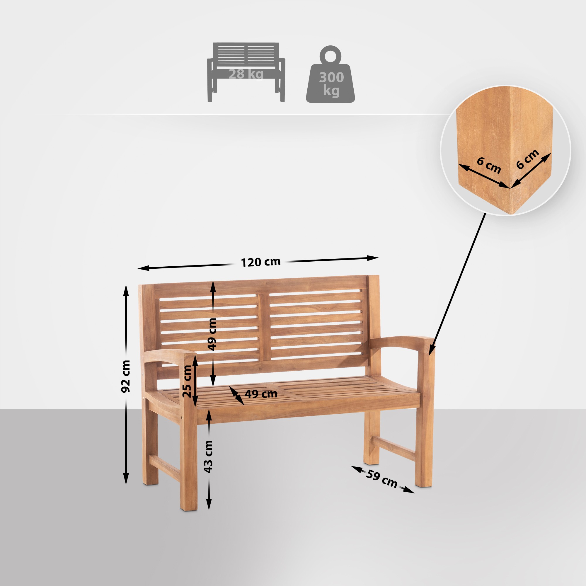 Teakbank 120 cm mit Abdeckhaube Halden