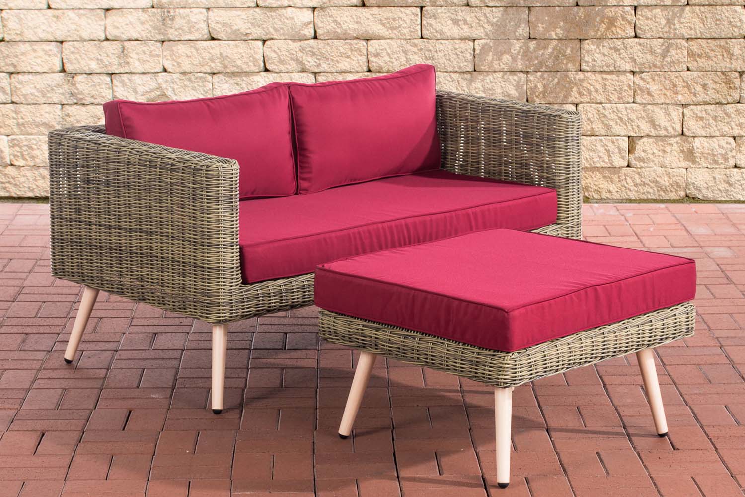 Polyrattan 2er Sofa Molde mit Fußhocker 5mm Natura rubinrot 45 cm (Hellbraun)