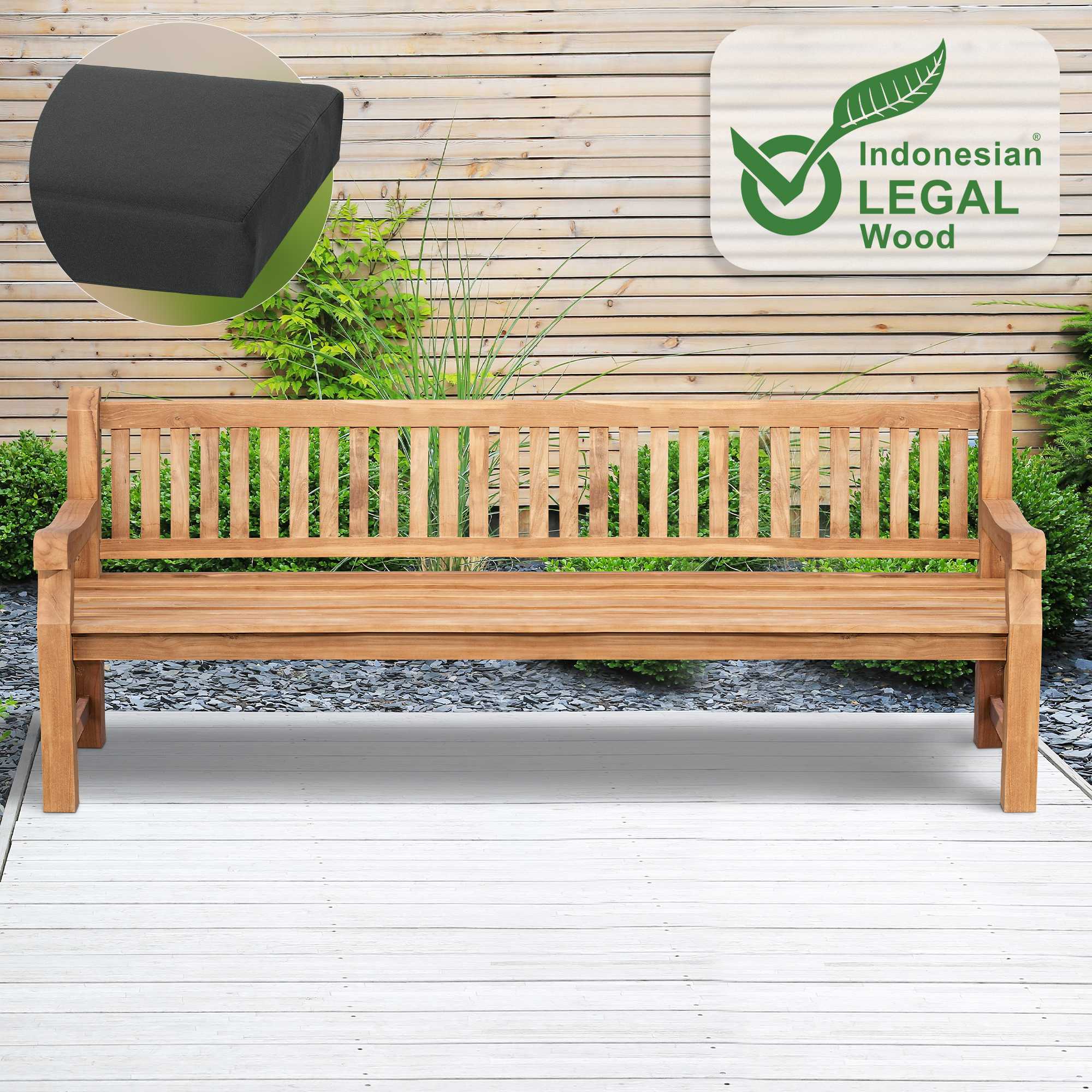 Gartenbank Teakholz Daxon mit Sitzkissen dunkelgrau 240 cm